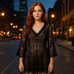 Ryan Michelle Black Lace Dress | XL | Nude Lined | Witchy Whimsygoth